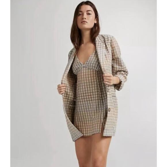 Free People Better Together Plaid Blazer Jacket Checkered Outerwear Taupe Small‎ - Picture 1 of 9